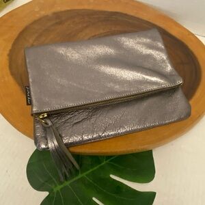 Zina Kao Pewter Silver Leather Folder Over Zippered Clutch